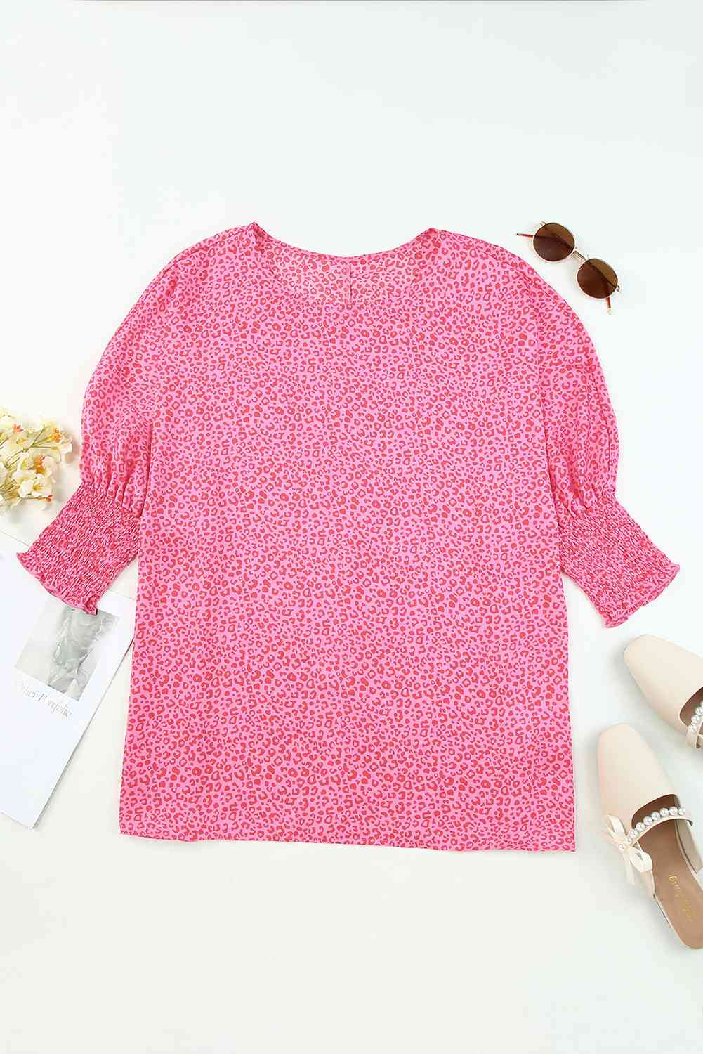 Leopard Smocked Flounce Sleeve Blouse.