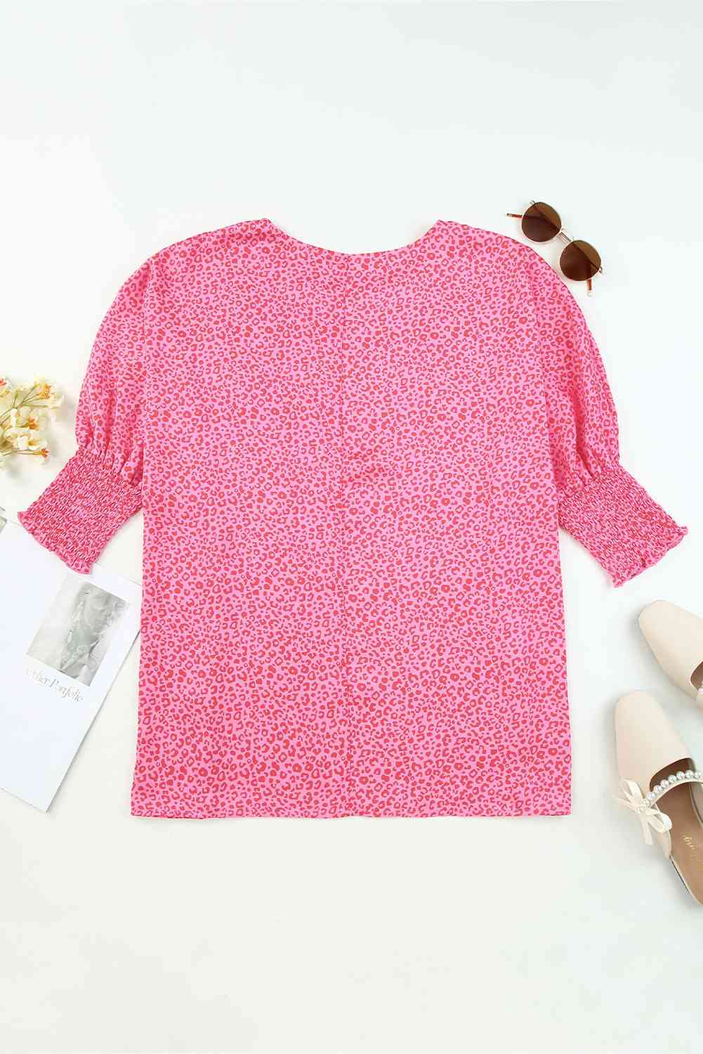 Leopard Smocked Flounce Sleeve Blouse.
