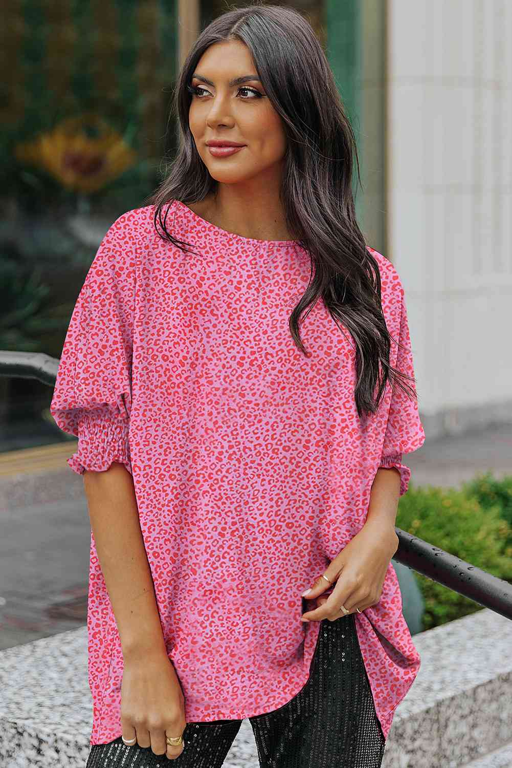 Leopard Smocked Flounce Sleeve Blouse.