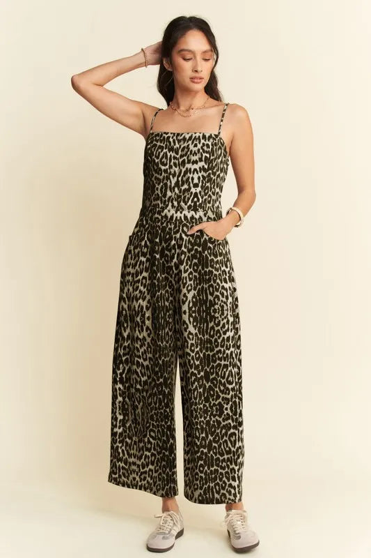 Leopard Spaghetti Straps Wide Leg Jumpsuit