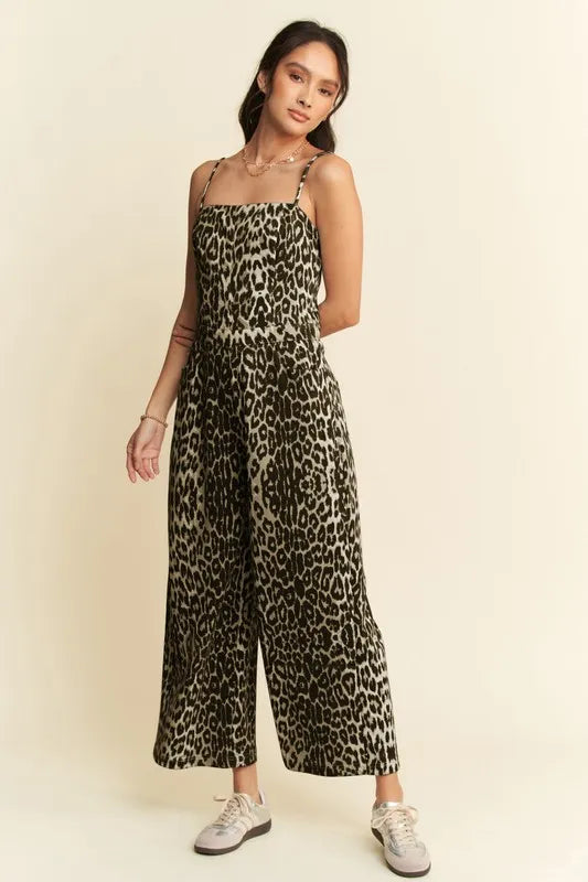 Leopard Spaghetti Straps Wide Leg Jumpsuit