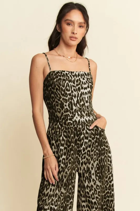 Leopard Spaghetti Straps Wide Leg Jumpsuit