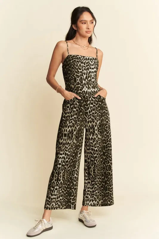 Leopard Spaghetti Straps Wide Leg Jumpsuit