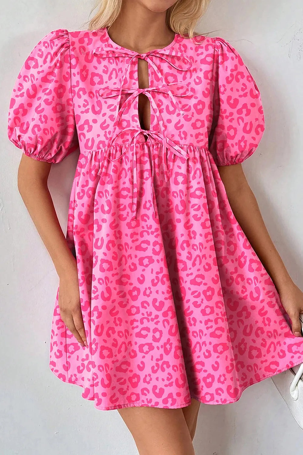 Leopard Tie Front Puff Sleeve Dress.