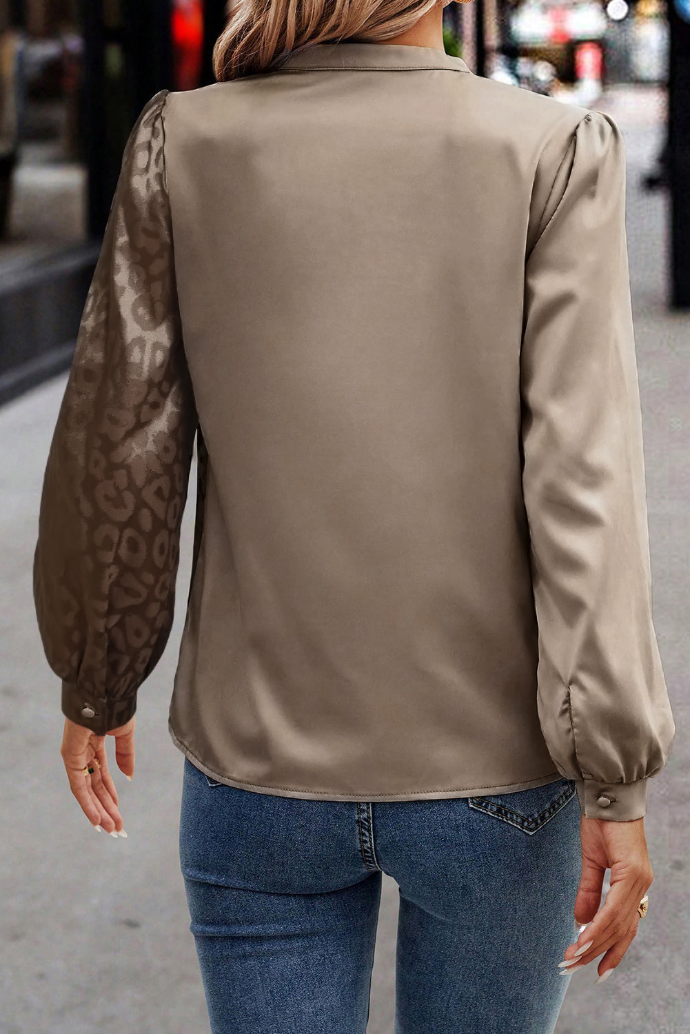 Leopard Tie Neck Long Sleeve Blouse.