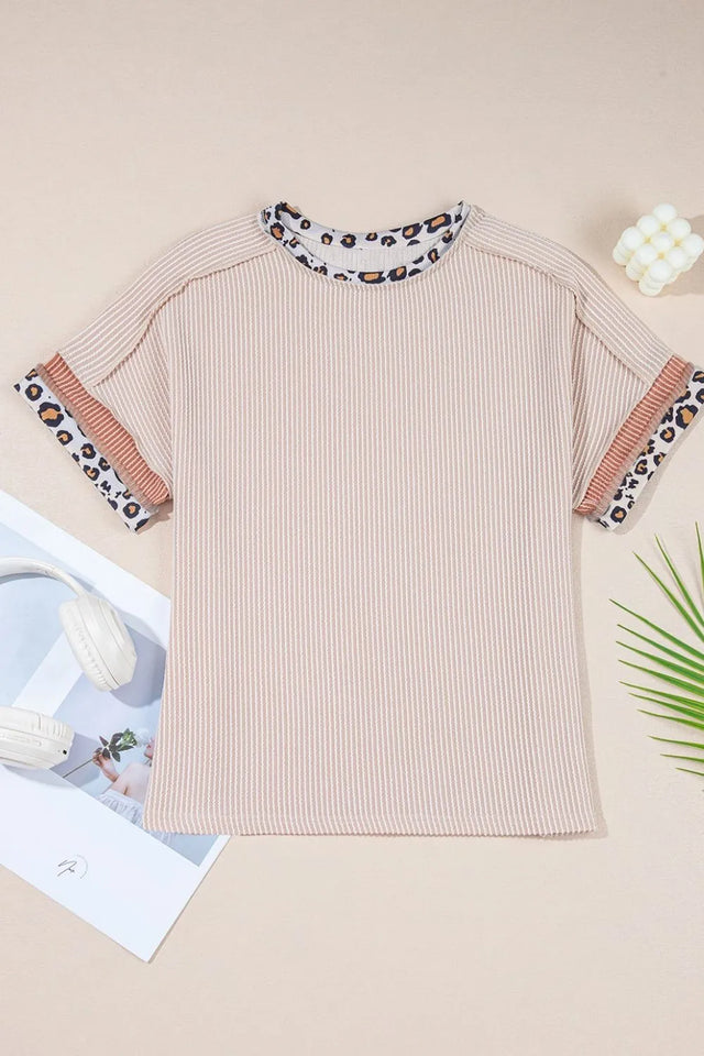 Leopard Trim Round Neck Ribbed T-Shirt.