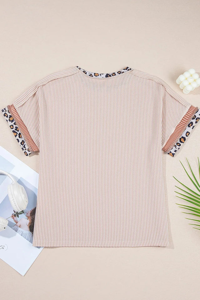 Leopard Trim Round Neck Ribbed T-Shirt.