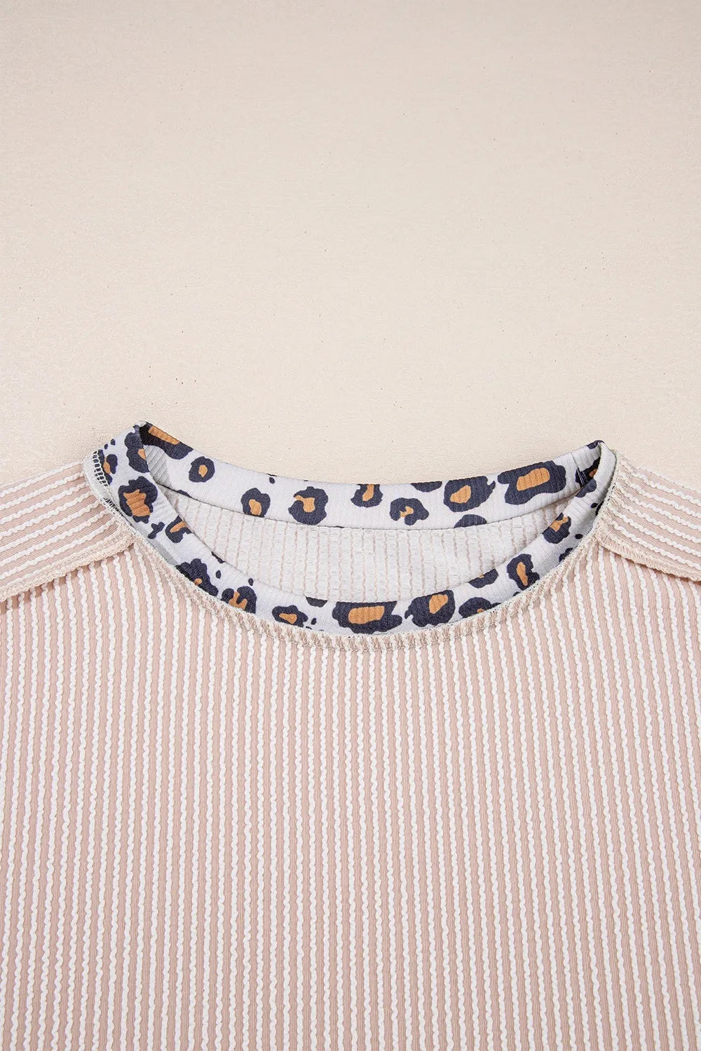 Leopard Trim Round Neck Ribbed T-Shirt.