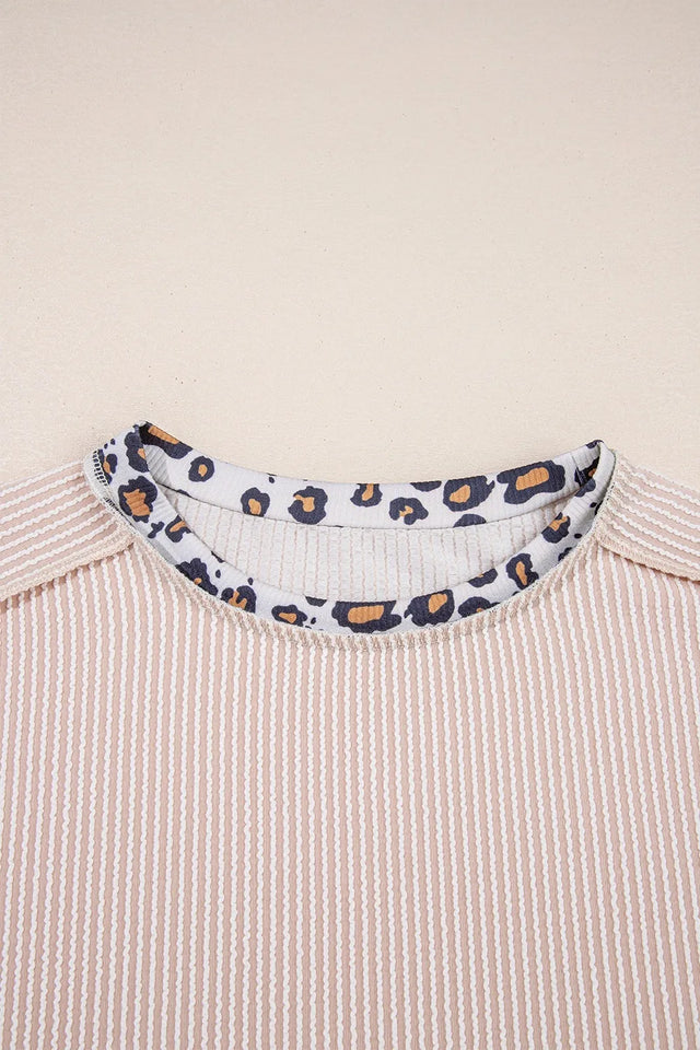 Leopard Trim Round Neck Ribbed T-Shirt.