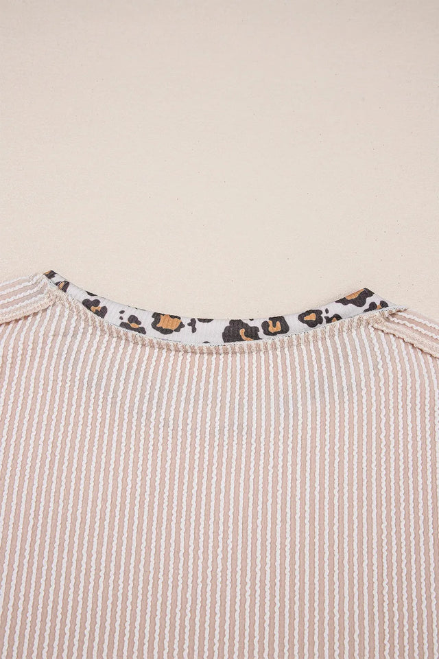 Leopard Trim Round Neck Ribbed T-Shirt.