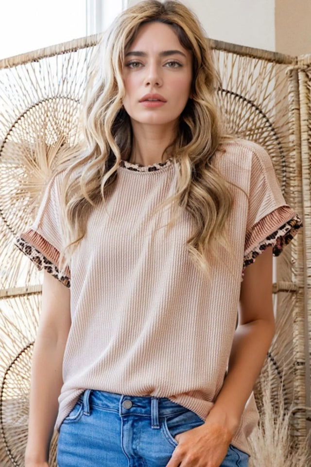 Leopard Trim Round Neck Ribbed T-Shirt.