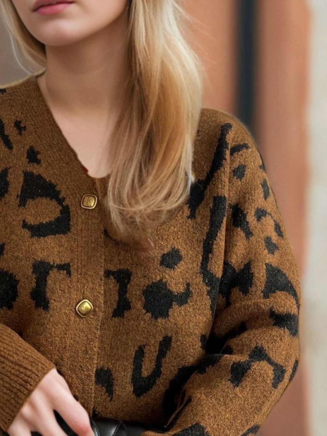 Leopard print V-neck button up cardigan.