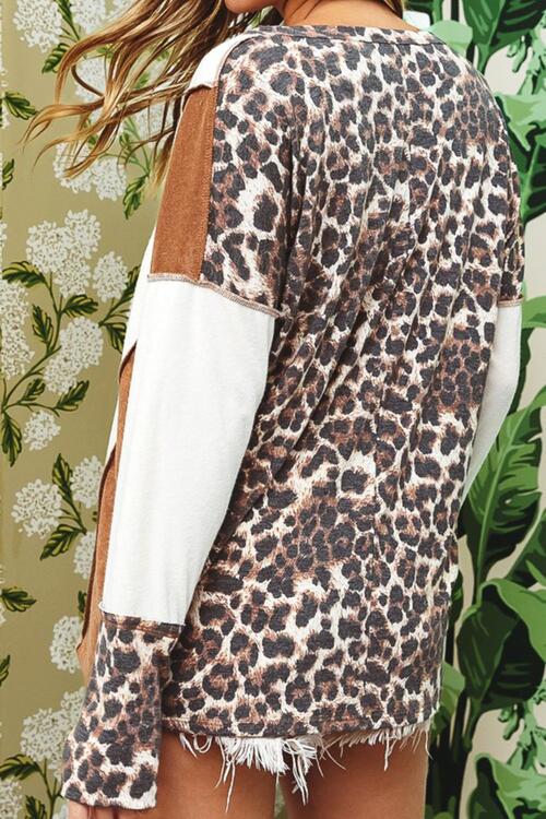 Leopard V-Neck Dropped Shoulder Blouse.