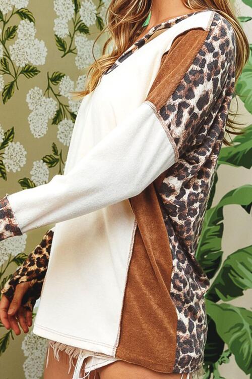 Leopard V-Neck Dropped Shoulder Blouse.