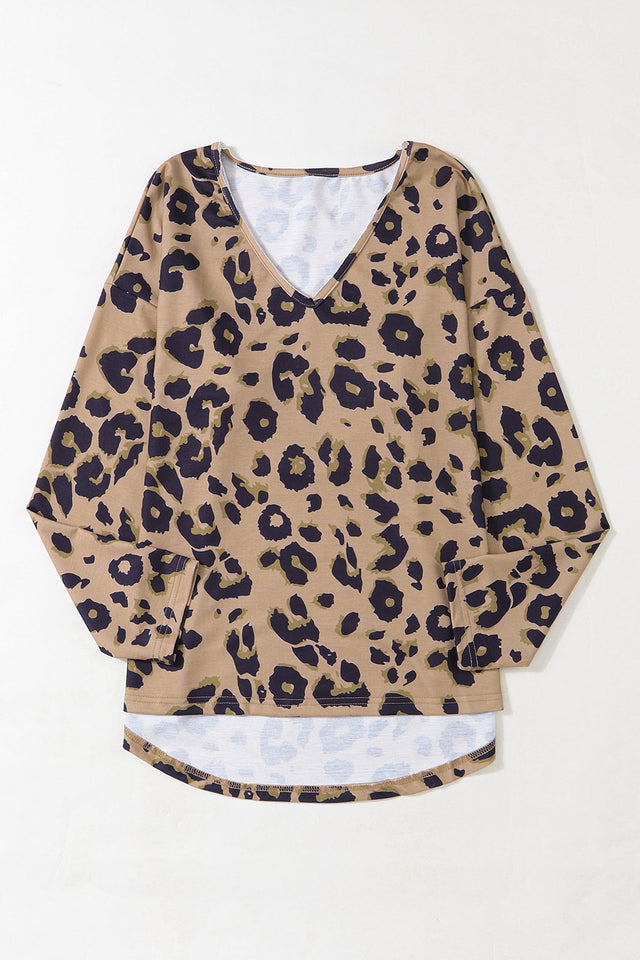 Leopard V-Neck Dropped Shoulder Blouse.