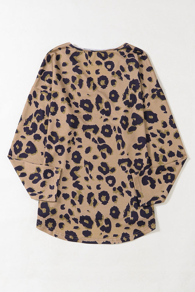 Leopard V-Neck Dropped Shoulder Blouse.