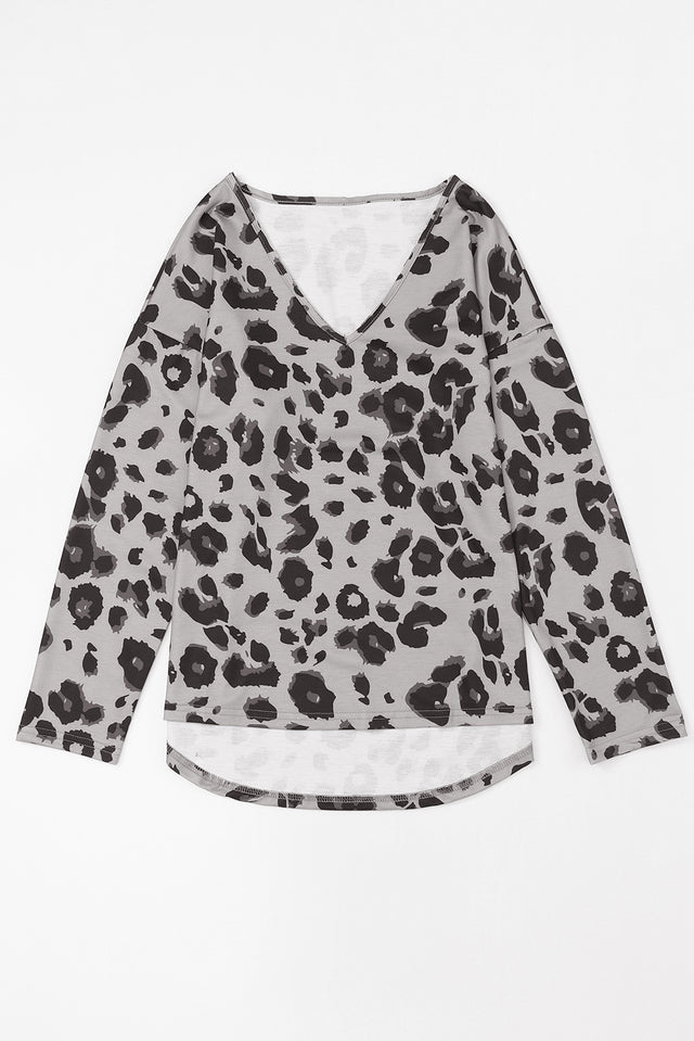 Leopard V-Neck Dropped Shoulder Blouse.