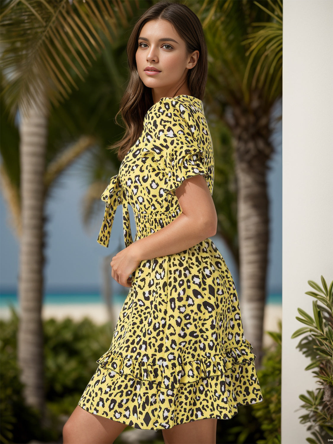 Leopard V-Neck Flounce Sleeve Mini Dress.