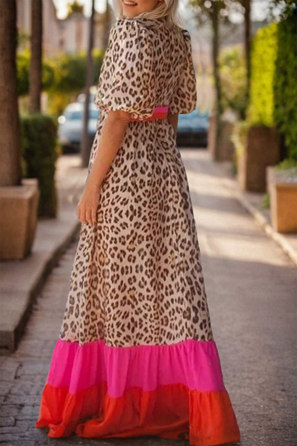 Plus Size Leopard V-Neck Half Sleeve Maxi Dress.