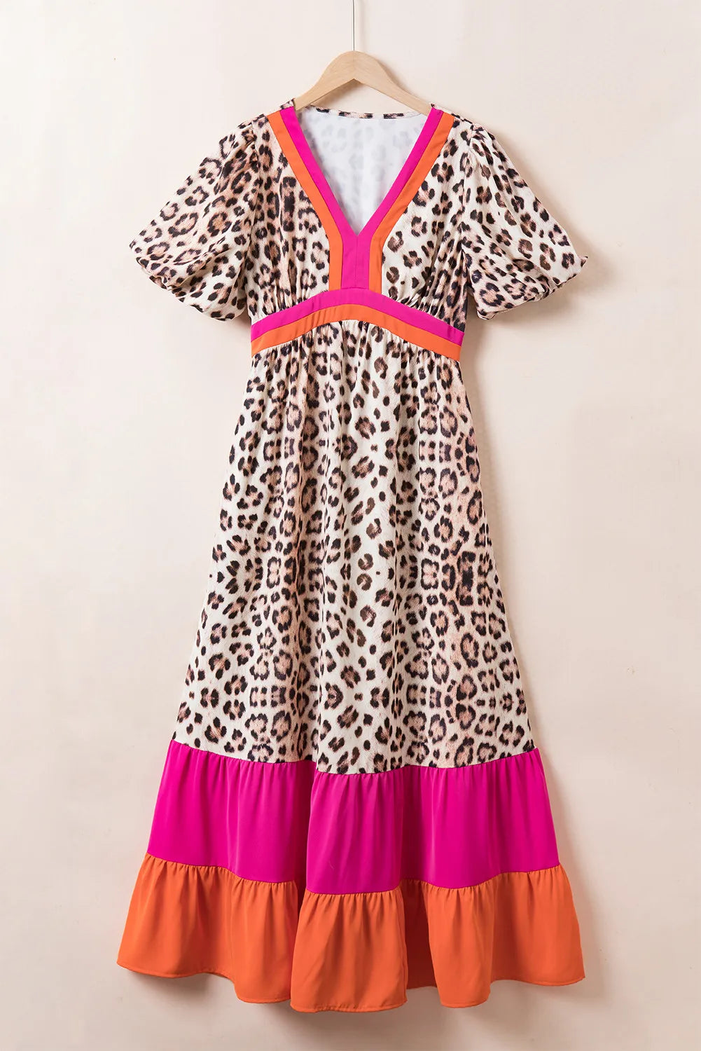Plus Size Leopard V-Neck Half Sleeve Maxi Dress.
