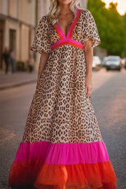 Plus Size Leopard V-Neck Half Sleeve Maxi Dress.