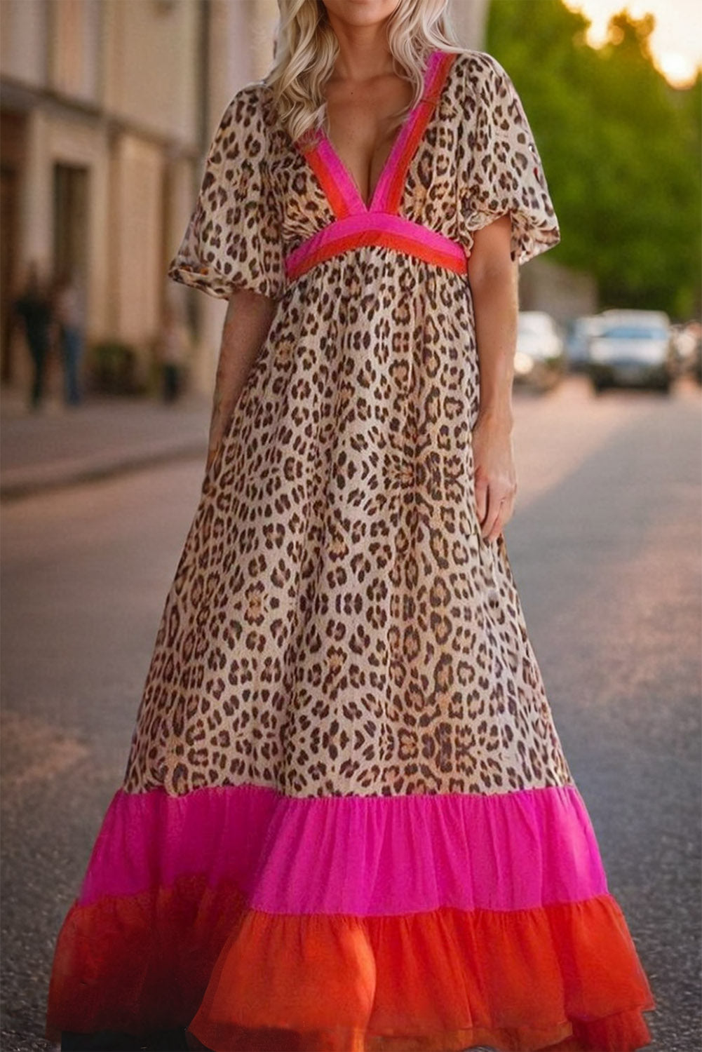 Plus Size Leopard V-Neck Half Sleeve Maxi Dress.