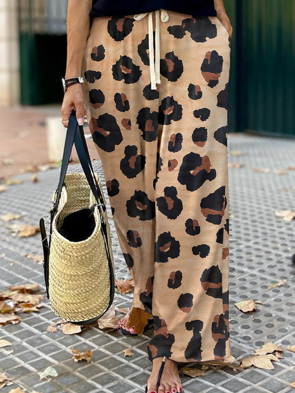 Leopard wide leg pants, opaque.