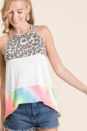 Leopard and tie dye block halter neck top, slightly stretchy.