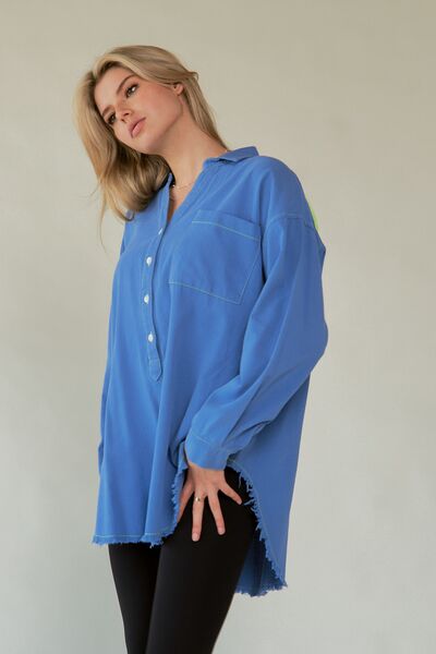 Davi Dani Letter Back Raw Hem Half Button Shirt.
