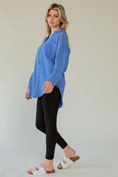 Davi Dani Letter Back Raw Hem Half Button Shirt.