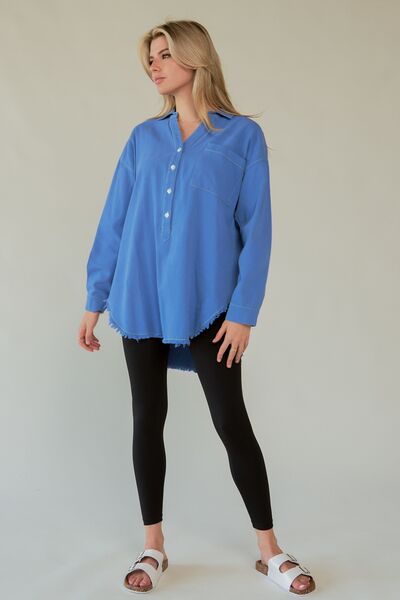Davi Dani Letter Back Raw Hem Half Button Shirt.