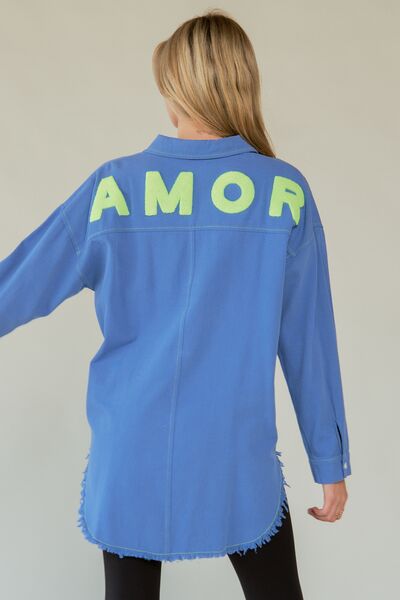 Davi Dani Letter Back Raw Hem Half Button Shirt.