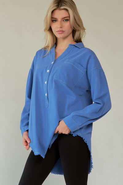 Davi Dani Letter Back Raw Hem Half Button Shirt.