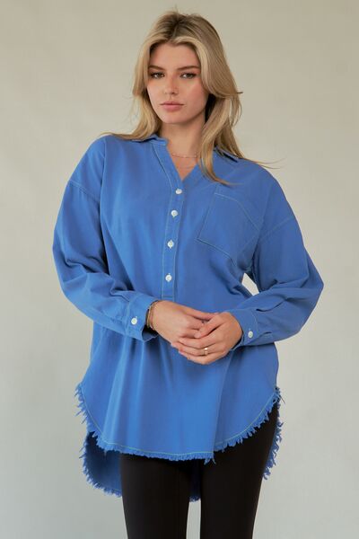 Davi Dani Letter Back Raw Hem Half Button Shirt.