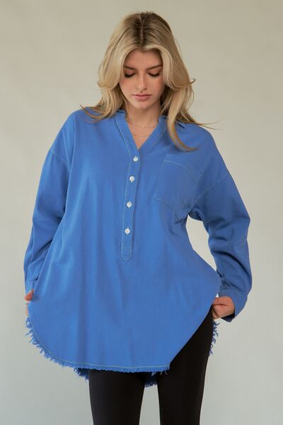 Davi Dani Letter Back Raw Hem Half Button Shirt.