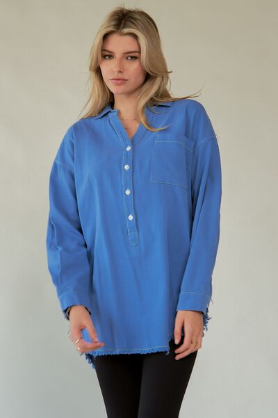 Davi Dani Letter Back Raw Hem Half Button Shirt.