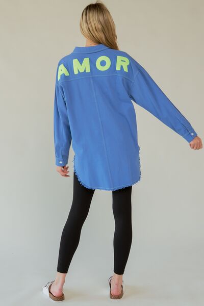 Davi Dani Letter Back Raw Hem Half Button Shirt.