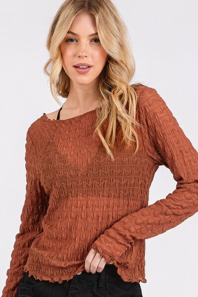Mittoshop Lettuce Hem Boat Neck Long Sleeve Blouse.