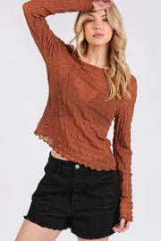 Mittoshop Lettuce Hem Boat Neck Long Sleeve Blouse.