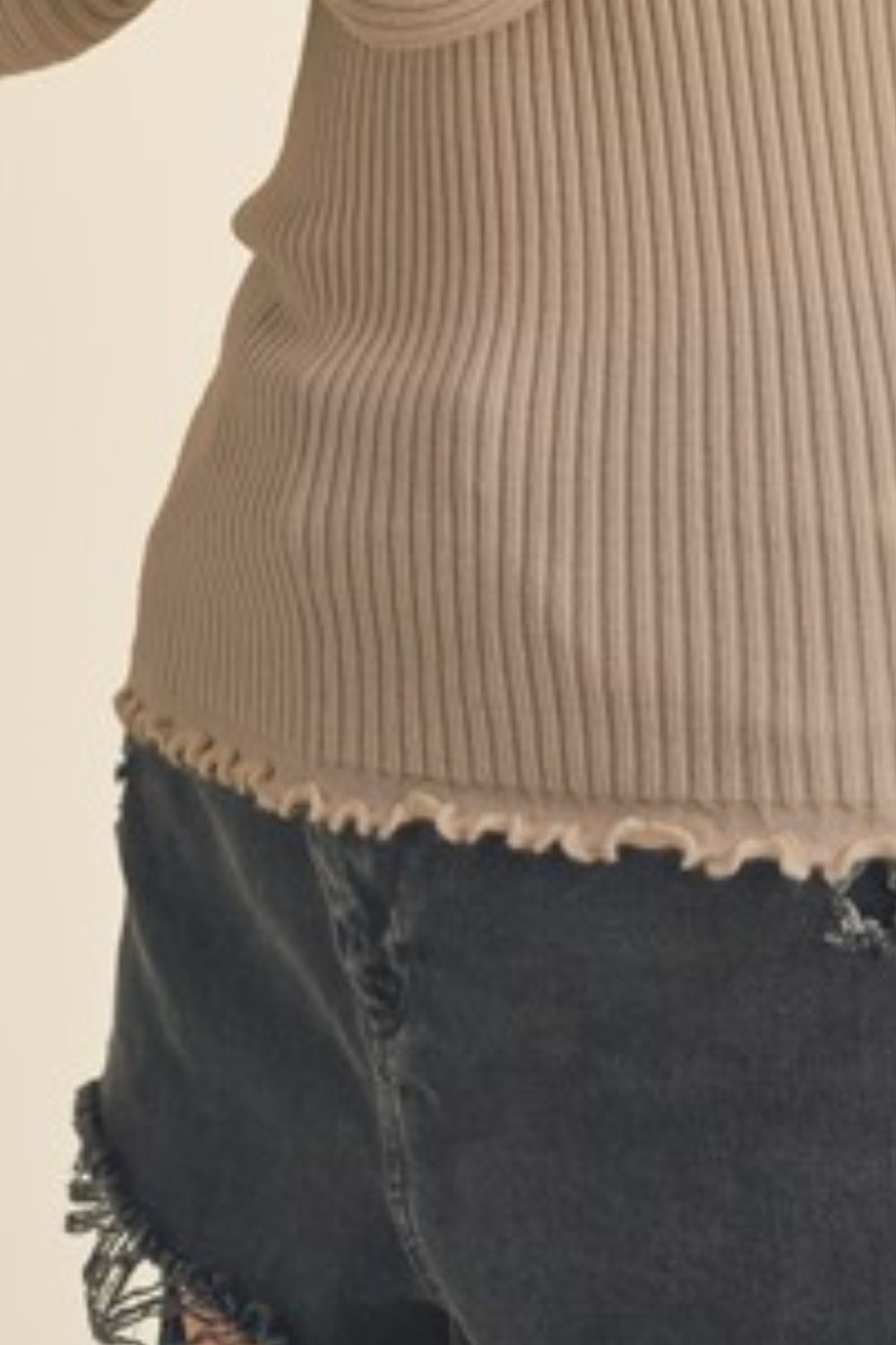 Aemi Co Lettuce Hem Scoop Neck Long Sleeve Knit Top.