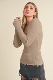 Aemi Co Lettuce Hem Scoop Neck Long Sleeve Knit Top.