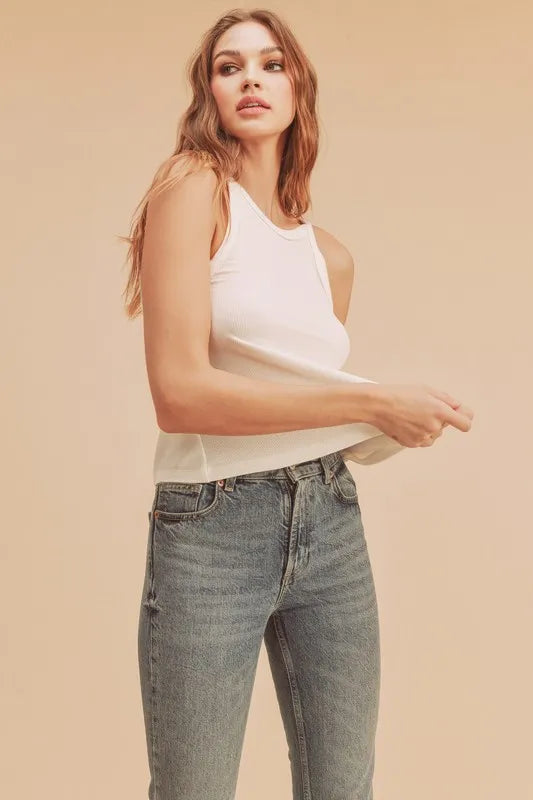 Lightweight ribbed tank, opaque and slightly stretchy.