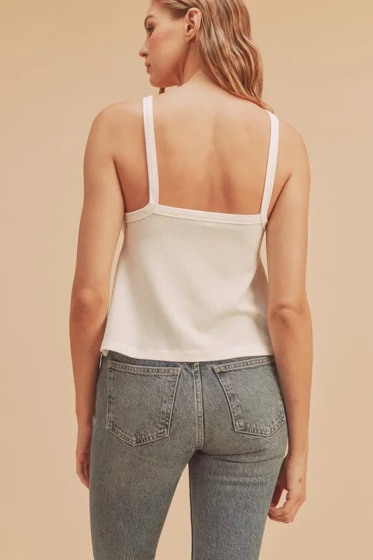 Lightweight ribbed tank, opaque and slightly stretchy.