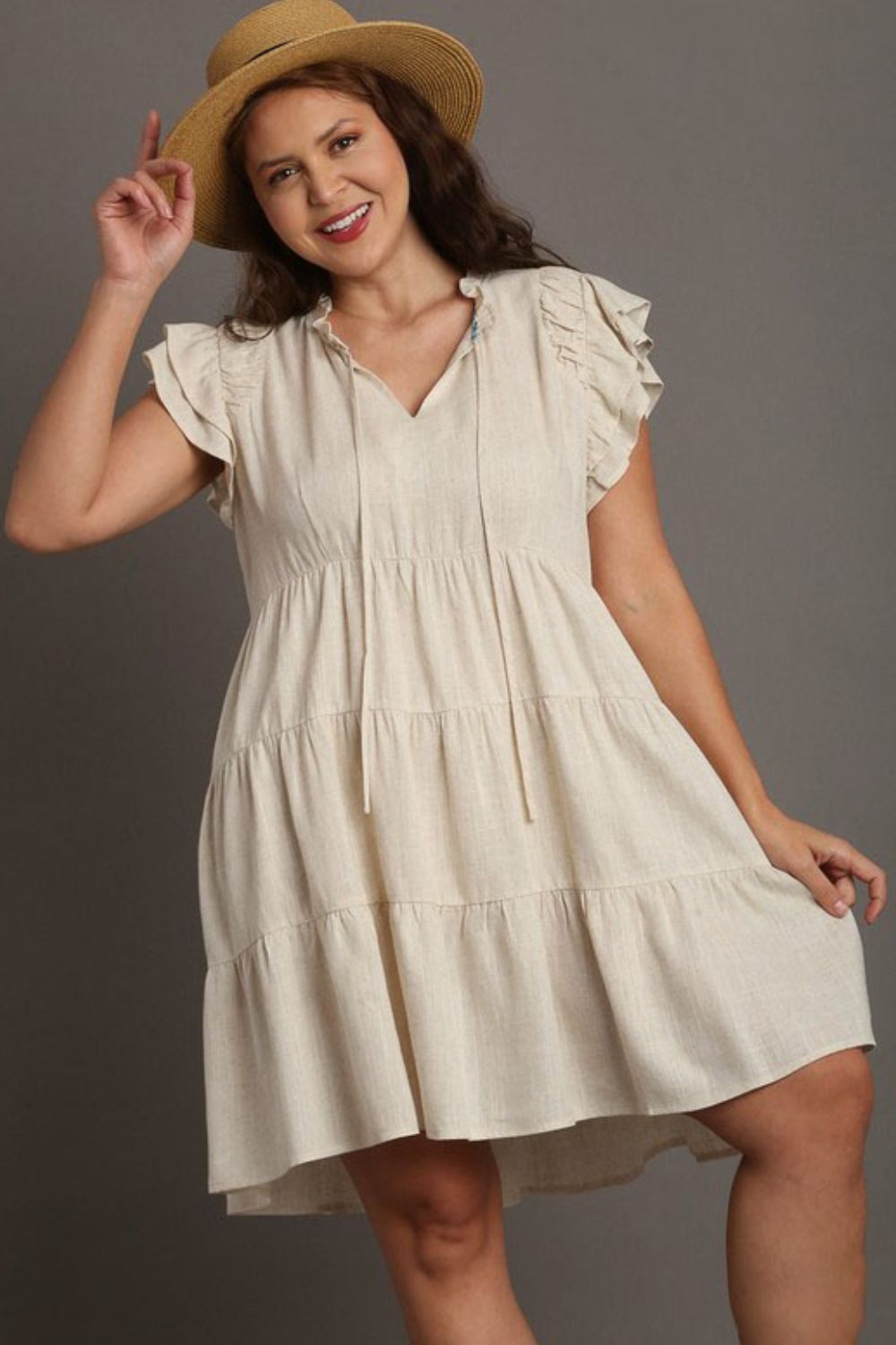 Umgee Plus Size Linen A-line Tiered Mini Dress.