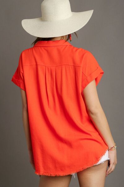 Umgee full size Linen Blend Button Down Short Folded Sleeve Shirt, plus size.