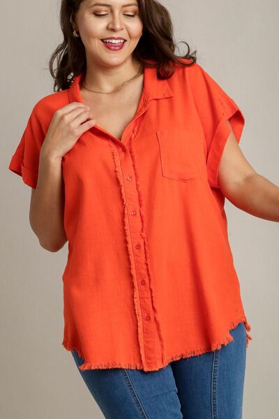 Umgee full size Linen Blend Button Down Short Folded Sleeve Shirt, plus size.