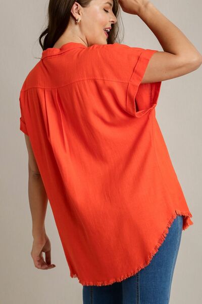 Umgee full size Linen Blend Button Down Short Folded Sleeve Shirt, plus size.