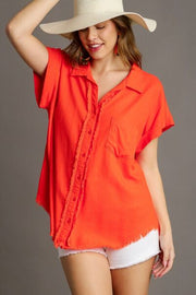 Umgee full size Linen Blend Button Down Short Folded Sleeve Shirt, plus size.