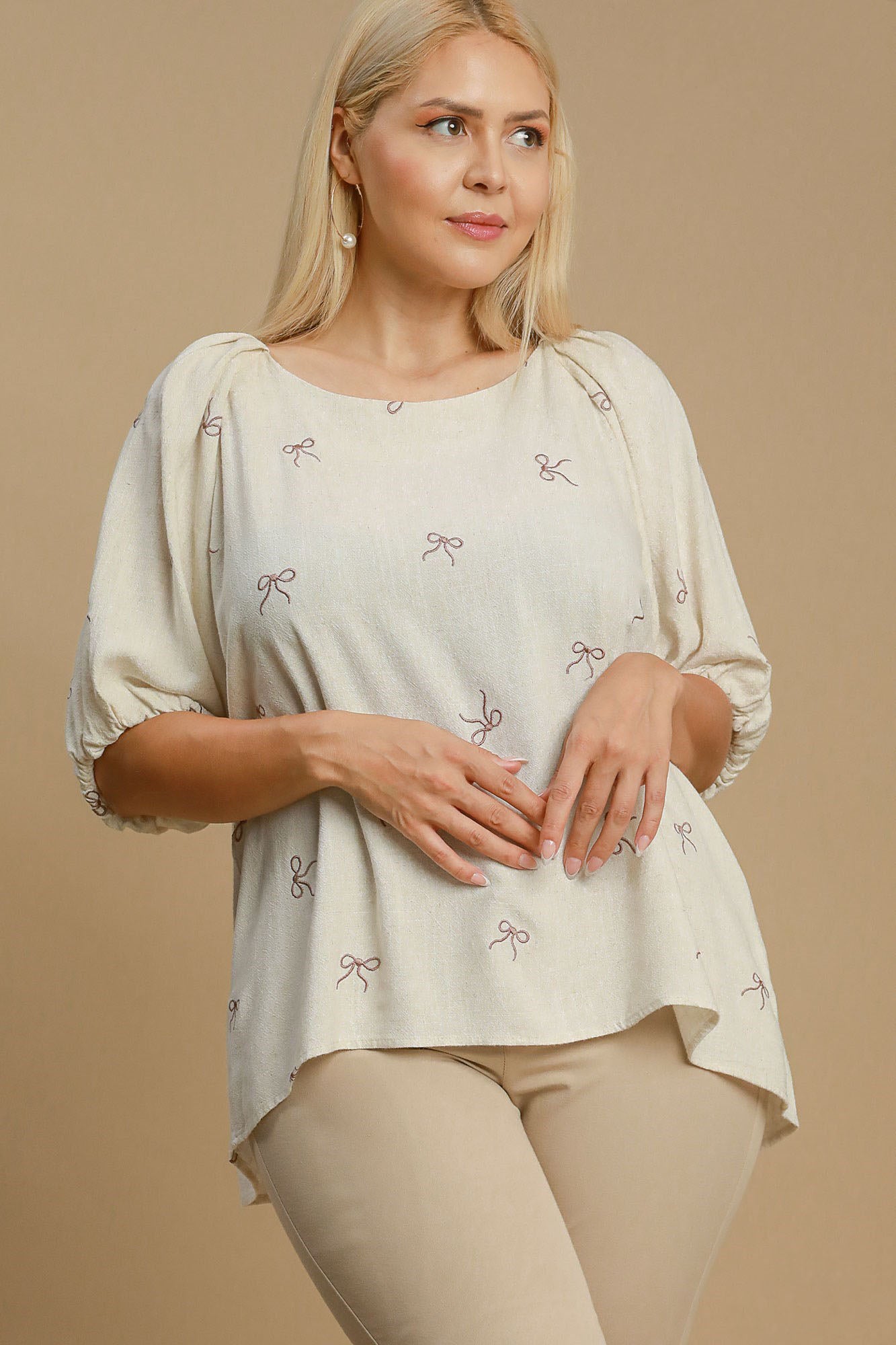 Umgee full size Linen Blend Ribbon Embroidered Top, plus size.