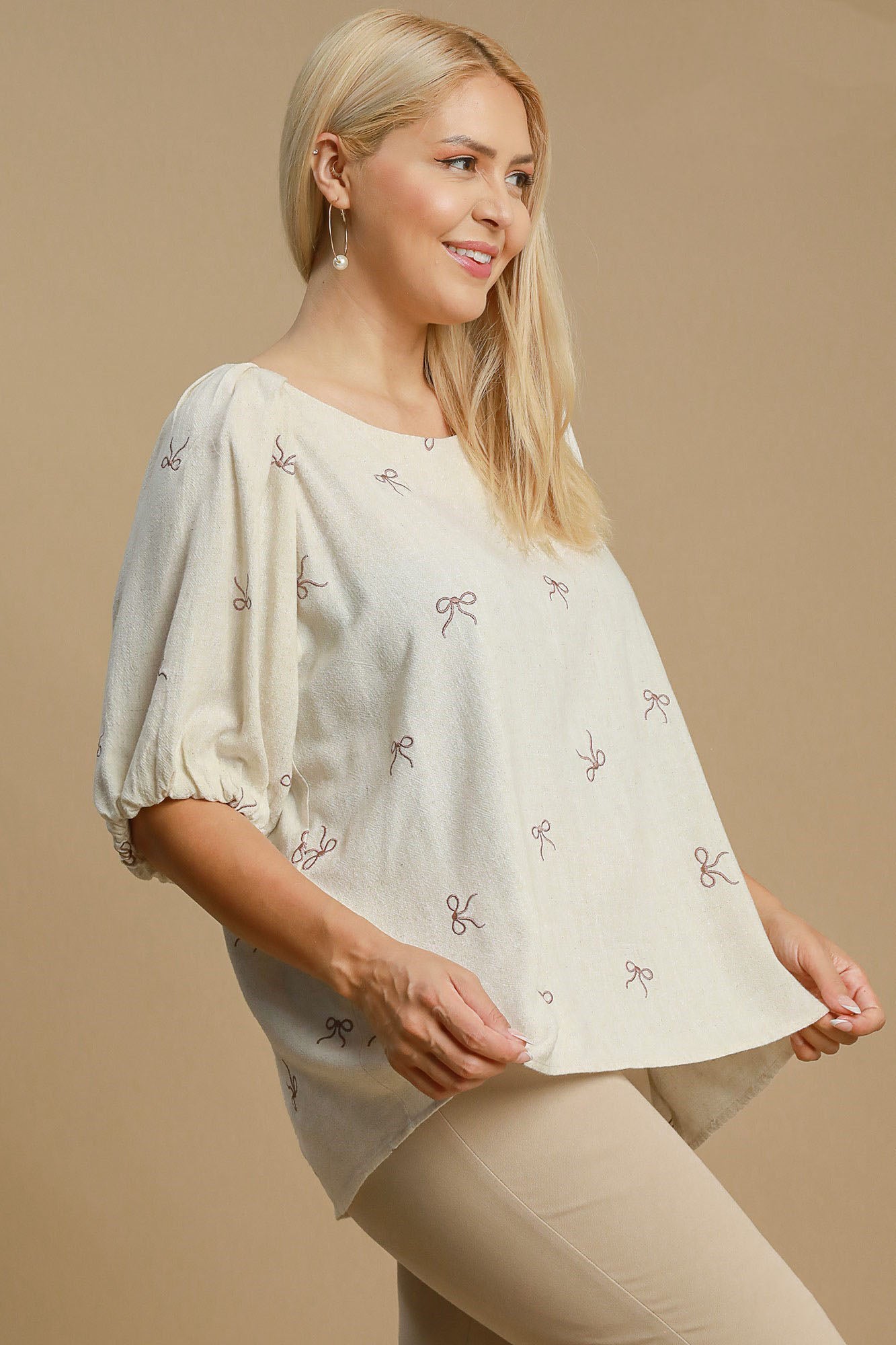 Umgee full size Linen Blend Ribbon Embroidered Top, plus size.